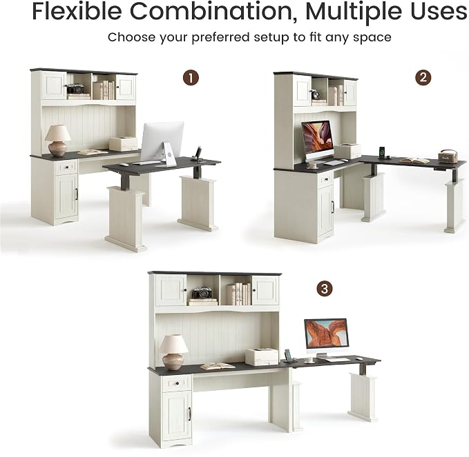 FEZIBO 80x60 L Shaped Electric Standing Desk with Hutch and Drawers, Farmhouse Height Adjustable Sit Stand Desk with Cabinets, Large Corner Home Office Computer Desk with Power Outlets, Antique White