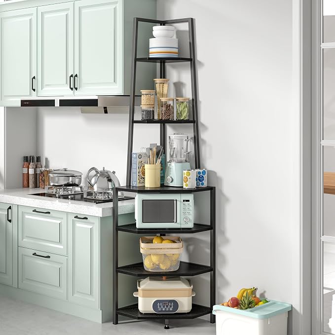VECELO 6 Tier Corner Shelf 69 Inch Industrial Bookshelf with Metal Frame, Multipurpose Tall Plant Stand with Opening Display Shelves for Living Room, Bedroom, Home Office, Small Space, Black