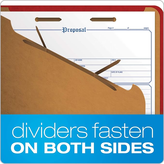 Pendaflex Pressboard Classification File Folders, 3 Dividers, 2" Embedded Fasteners, 2/5 Tab Cut, Letter Size, Bright Red, Box of 10