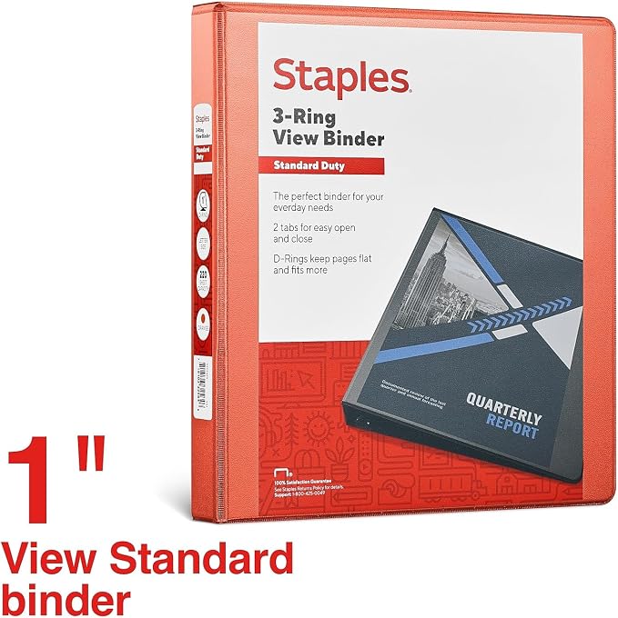 Staples Standard 1-Inch 3-Ring View Binder, Orange, 220 Sheets | Compact binder for office, school, and home document organization.