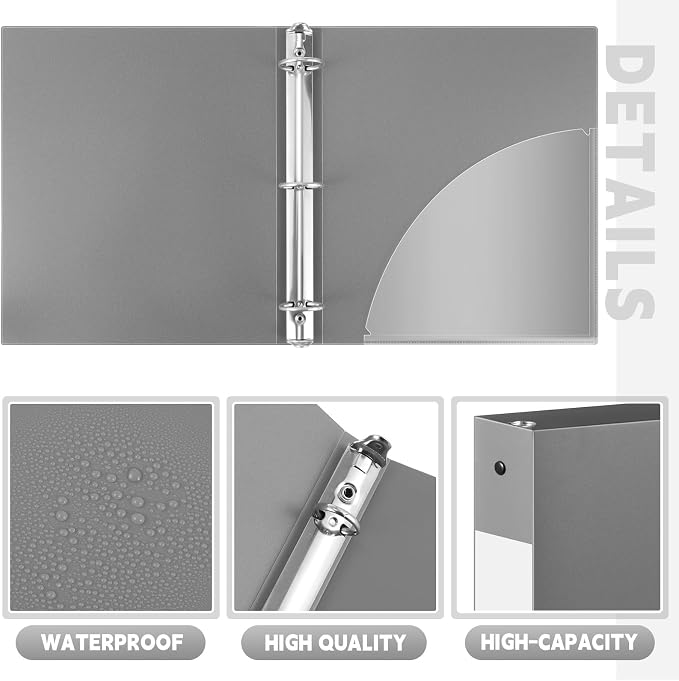 Henoyso 12 Pcs 1.5 Inch 3 Ring Binders, Letter Size,Gray | Binders Bulk, Holds 350 Sheets, Round Rings, Durable Flexible PP Plastic Covers, Pockets Labels, School Office Supplies