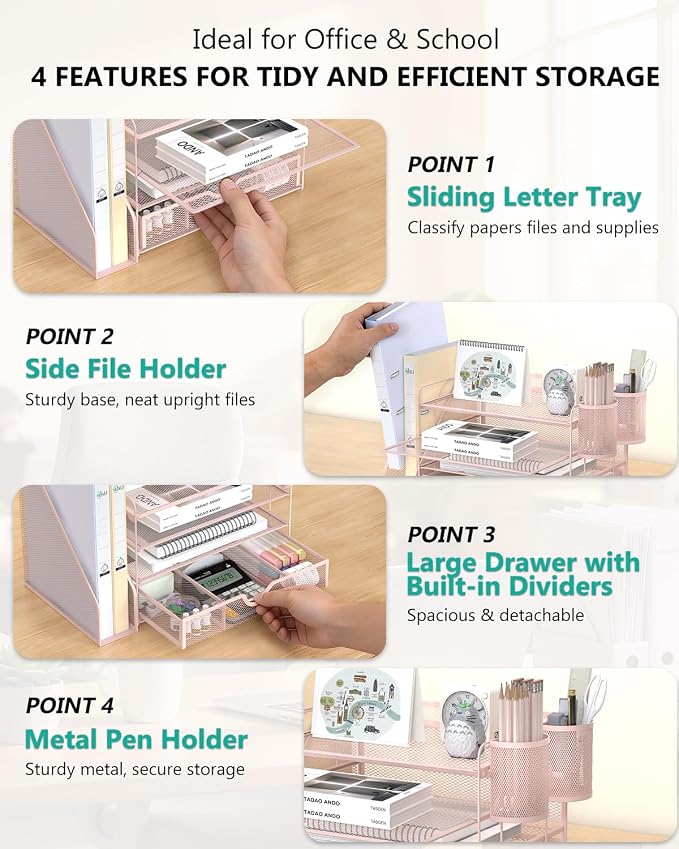 WALI Desk File Organizer, 4 Tier Desktop Paper Letter Tray Organizer with Drawer and 2 Pen Holders, Office Desk Accessories & Workspace Organizers for Office, Home Supplies(DO005DH-P), 1 Pack, Pink