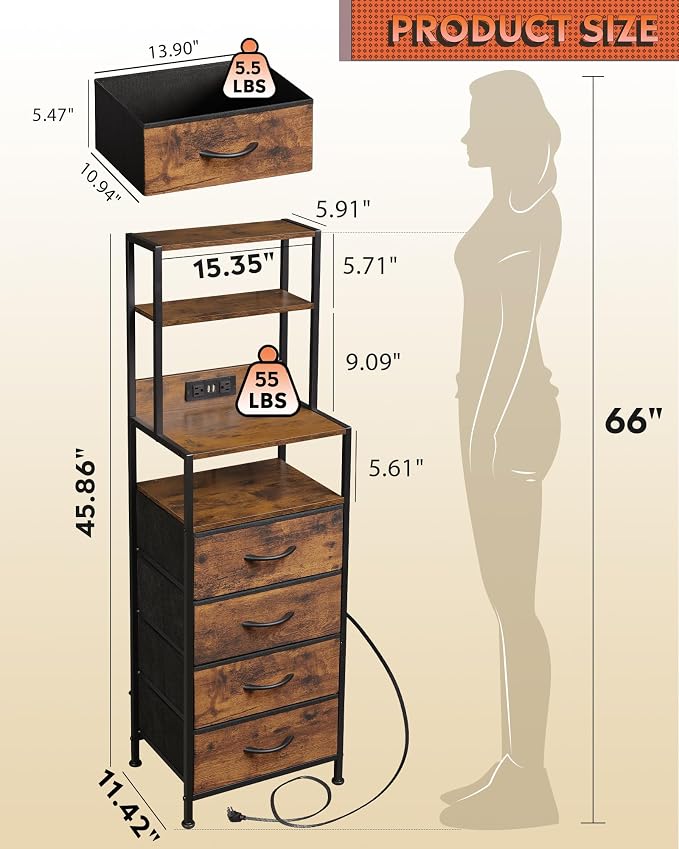 WLIVE Tall Nightstand with Charging Station, LED Night Stand with 4 Drawers and Storage Open Shelves, Fabric Dresser for Bedroom, Office, Rustic Brown
