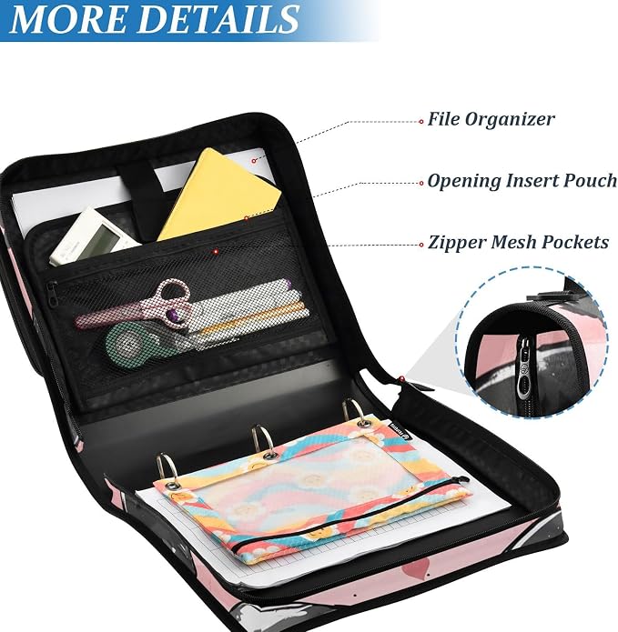 3 Ring Zipper Binder with Shoulder Strap Black Bow Heart Pink 2 Inch Zippered Binder Bag 500 Sheet Capacity Multi Pockets for School Supplies