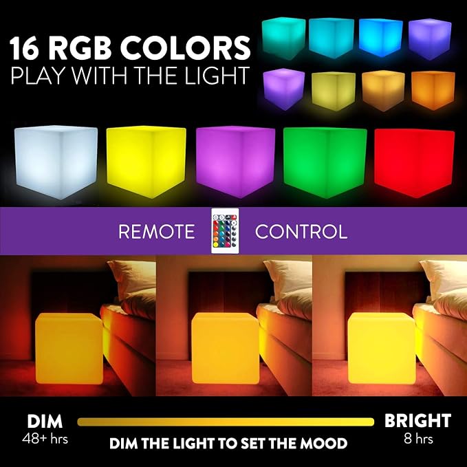 Mr.Go 12-Inch LED Light Cube Stool, RGB Glowing Mood Night Light w/Remote | 16 RGB Color Changing, Multi-use Cube Seat & Side Table, IP65 Waterproof, 8-48H Runtime, for Bedroom Living Room Party Decor