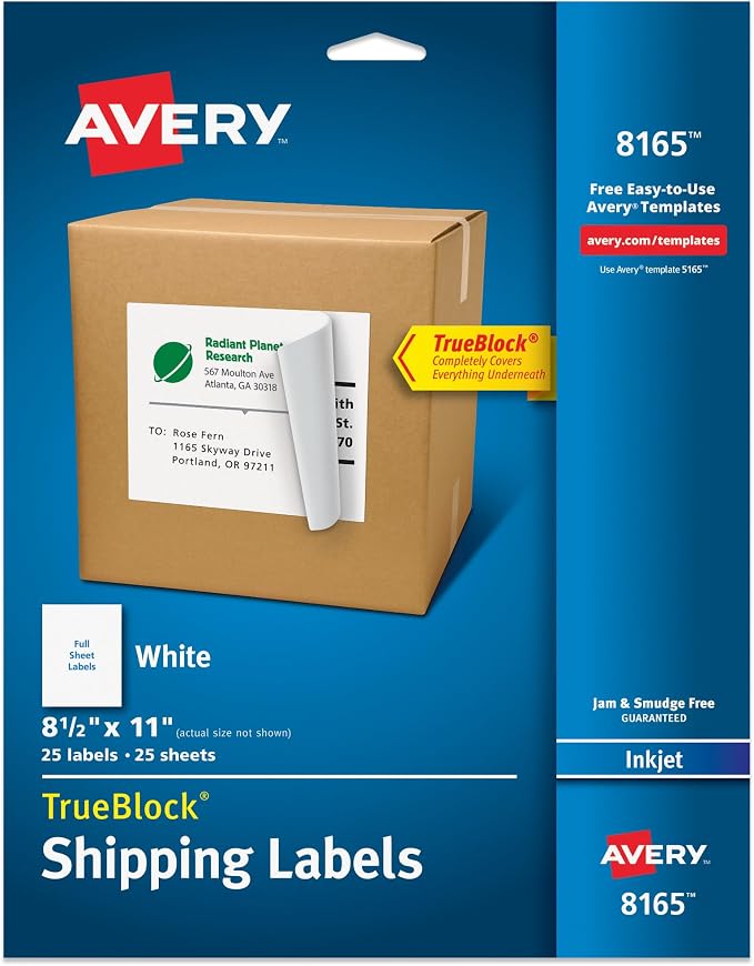 Avery Full-Sheet Printable Shipping Labels, 8.5" x 11" Customizable Stickers, White, 25 Blank Mailing Labels, Great for Mailing, Shipping, Organizing, and More (8165)