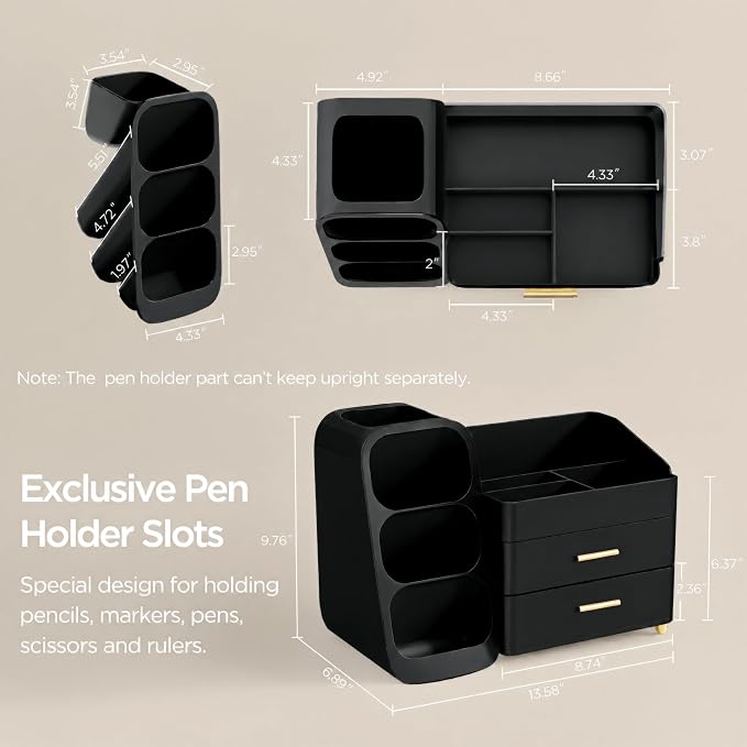 HBlife Desk Organizer with Pen Pencil Holder for Desk, Pen Organizer with 2 Drawers, Desk Organizers and Accessories with 4 Compartments, Desktop Storage for Office Home School Art Supplies, All Black