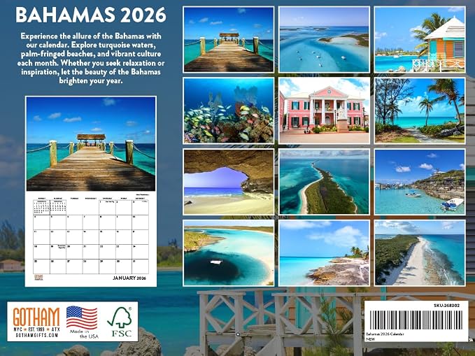 Bahamas Calendar 2026 Monthly Wall Calender 12 Month | American Made In The USA