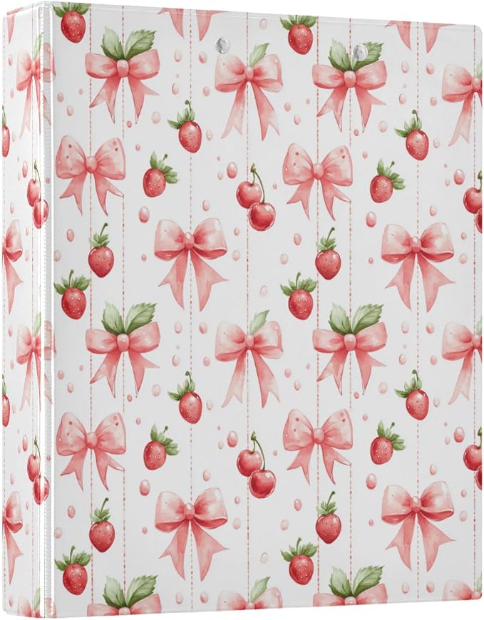 Cute Bows Strawberries 3 Ring Binder, 1.5 Inch Round Ring Binders Clipboard Work Binders Organizer with Pockets Holds 200 Sheets for School Office 1 Pack