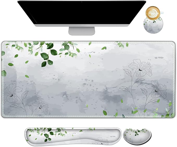 Gaming Mouse Pad Wrist Support Set, XXL Large Desk Mat Mousepad + Keyboard Wrist Support+ Mouse Wrist Rest+Coaster 4in1 Ergonomic, Memory Foam -Green Leaves and Line Flower