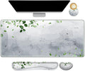 Gaming Mouse Pad Wrist Support Set, XXL Large Desk Mat Mousepad + Keyboard Wrist Support+ Mouse Wrist Rest+Coaster 4in1 Ergonomic, Memory Foam -Green Leaves and Line Flower