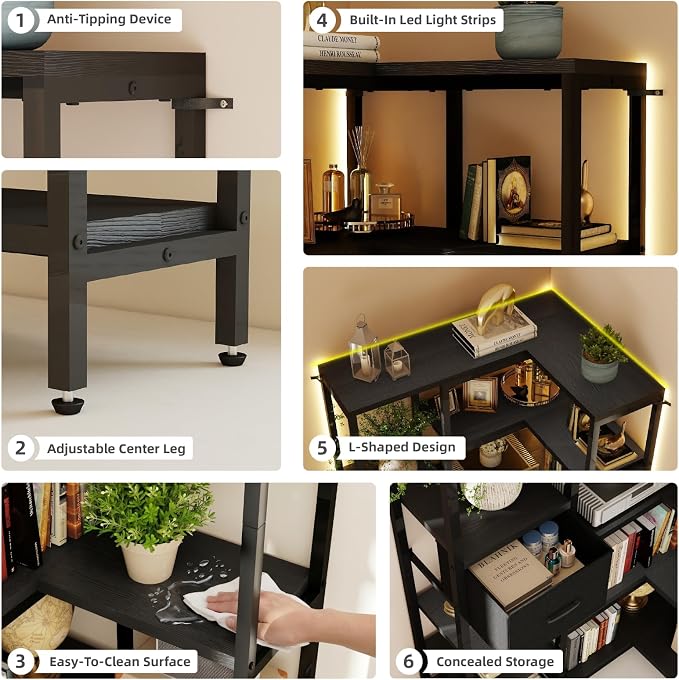 L-Shaped Corner Bookshelf with LED Light Strips & Fabric Drawers, 5-Tier Industrial Convertible Book Shelf Freestanding Display Shelf for Living Room,Home Office,Bedroom (Black)