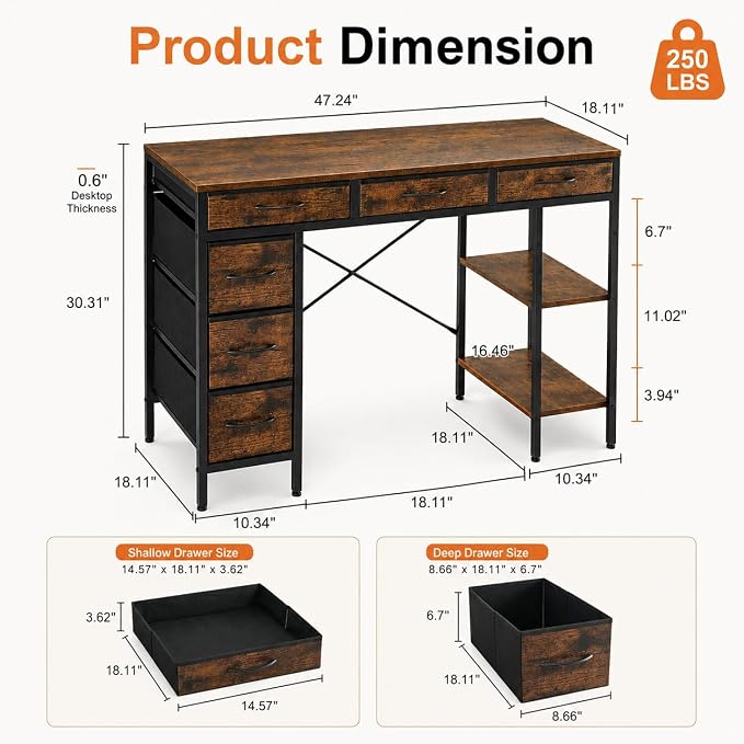 Simple Deluxe Computer Desk with 6 Drawers, 47 Inch Office Workstation with Storage Shelves, Reversible Corner Gaming Table, Home Office Study Desk with Fabric Organizer, Rustic Brown