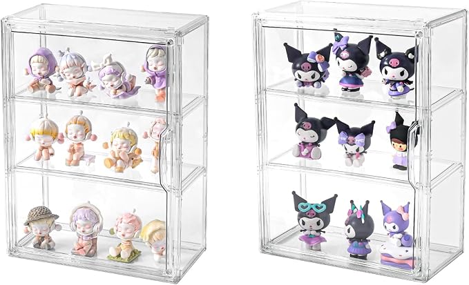 3 Tier Display Case for Collectibles,Clear Display Box with 2 Movable Plates ,Storage Container with Magnetic Door (Large 2 Pack)