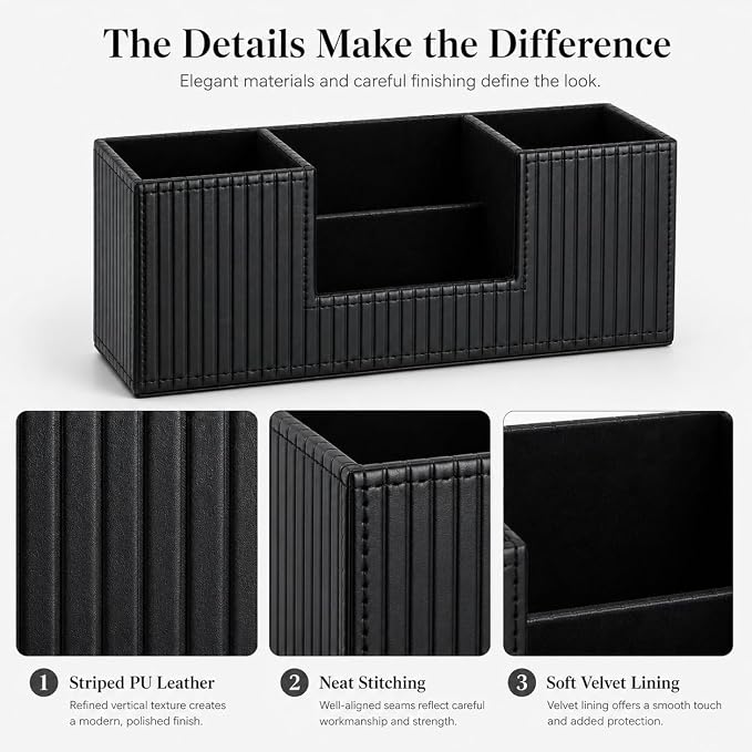 GORESE Pen Holder for Desk, PU Leather Desk Organizer for Office, Black | 4-Compartment, Vegan Leather, Office Supplies, Desk Caddy Nightstand Organizer for Pen, Pencil, Remote Control, Business Card