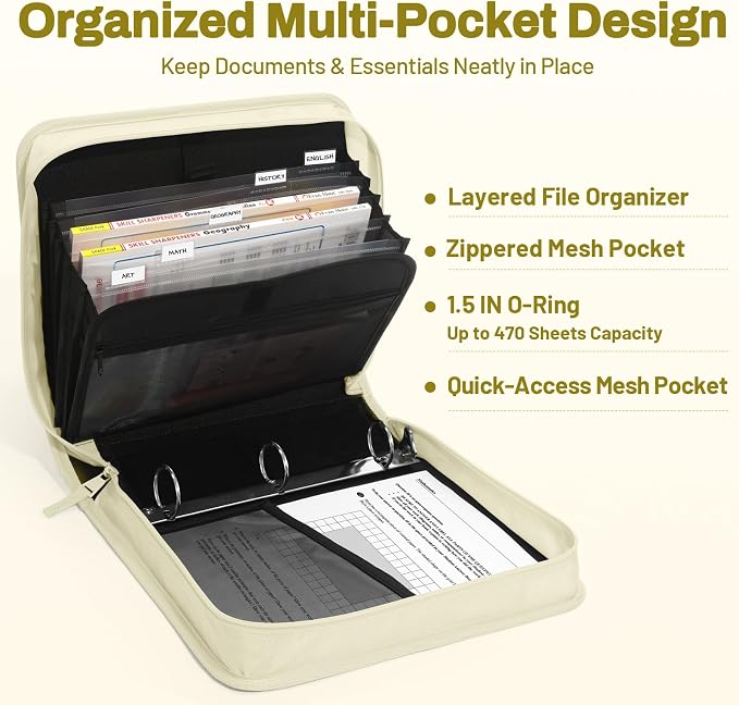 SUNEE Zipper Binder with Handle, 1.5 Inch O-Ring, 325 Pages Capacity, with 5-Tab Expanding File Folder for Classified Storage, Small Size Lightweight Zipper Bag for Middle School Students, Soft Beige