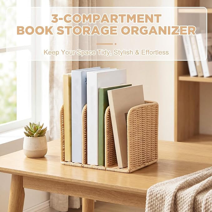 Novabright Synthetic Rattan File Magazine Holder Desk Organizer, 3 Vertical Compartments Workspace Sorters for Magazines, Binders, Notebooks, Envelopes