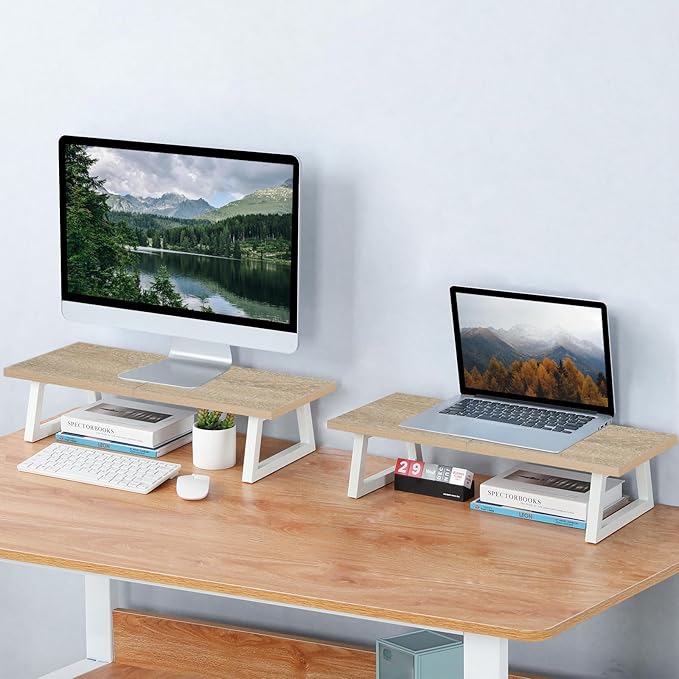 TEAMIX 24 inch Monitor Riser for Desk, Wood & Steel Computer/TV Stand Maple | Laptop, PC, Printer Stand Riser, Holds 150lbs, Desktop Organizer, Keyboard Storage, for Office, Home, Gaming, Craft Space