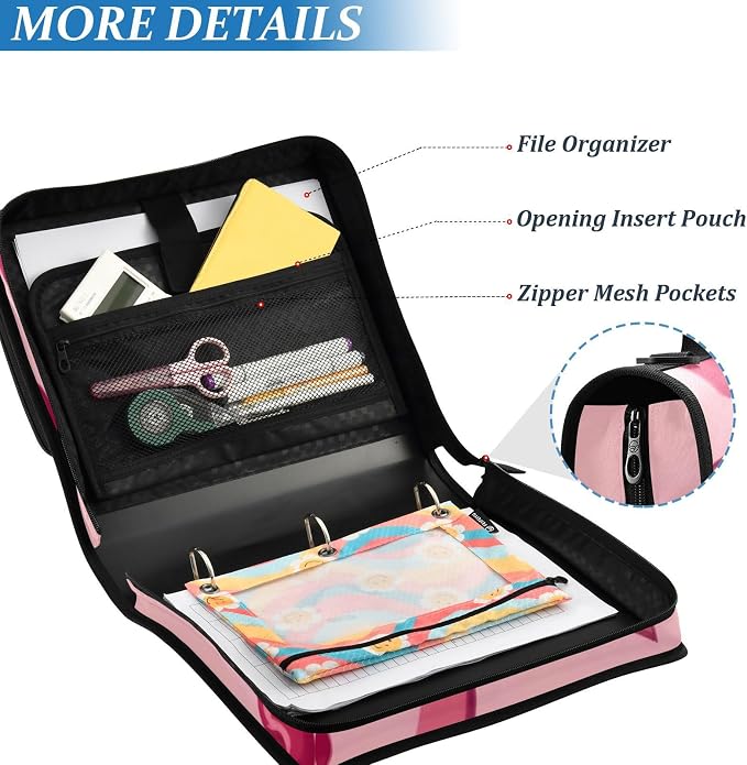 Bow Cherry Pink Zipper Binder Bag 3 Ring Binder with Shoulder Strap Zip Up 500 Sheets Capacity Multi Pockets for School Office Supplies