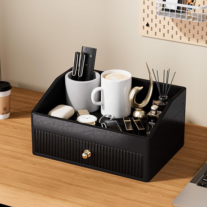 LADSTAG Desk Accessories,Black Vegan Leather Desk Organizers with 1 Draw & Tray,Remote Control Holder with Gold-Tone Metal Accents Knob for End Tables,Bedside Table,Bedroom