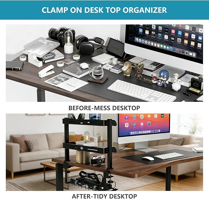 Clamp on Desk Shelf,3 Tier Desktop Organizer,Adjustable Clamp on Desk Top Organizer with Under Desk Hidden Storage Basket&Hooks,No Drilling Desk Clamp Storage Shelves for Working Gaming Accessories