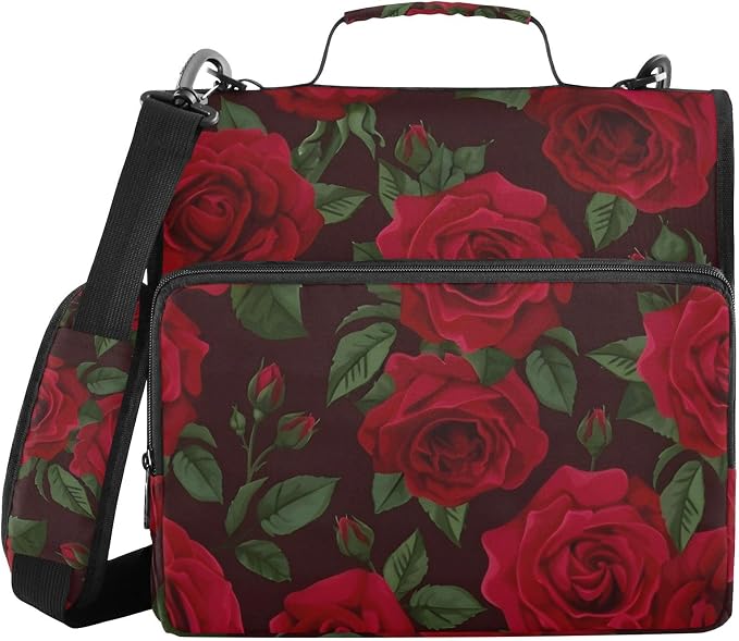 Red Rose Black Roses Zipper Binder Bag 3 Ring Binder with Shoulder Strap Zip Up 500 Sheets Capacity Multi Pockets for School Office Supplies
