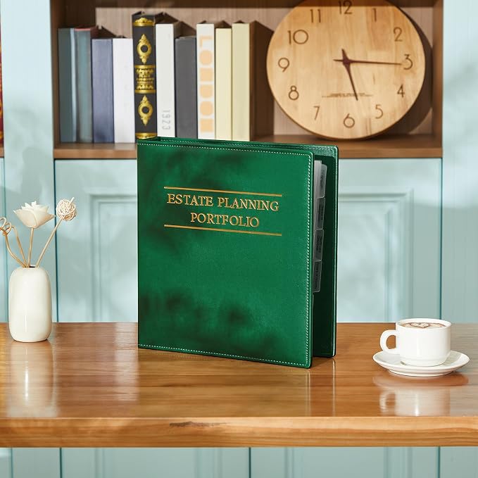 Dunzoom 10 Pcs Estate Planning Portfolio Binder PU Leather 3 Ring Binders with Gold Title and Index Tab Dividers, 11'' x 11.8'' x 2.4'' Estate Planning Organizer (Green)