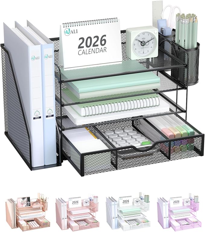 WALI Desk File Organizer, 4 Tier Desktop Paper Letter Tray Organizer with Drawer and 2 Pen Holders, Office Desk Accessories & Workspace Organizers for Office, Home Supplies(DO005DH-B), 1 Pack, Black
