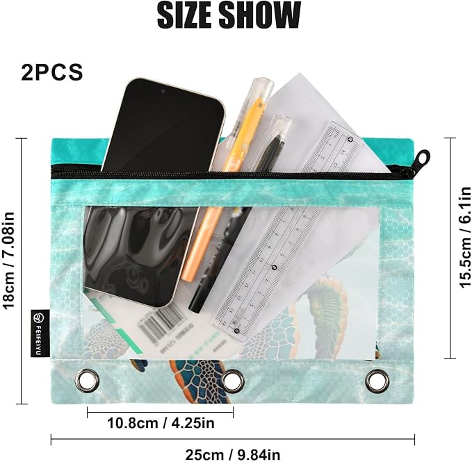 Sea Turtle Pencil Pouch for 3 Ring Binder, 2 Pack Waterproof Pencil Bags Clear Window Zipper School Office Supplies