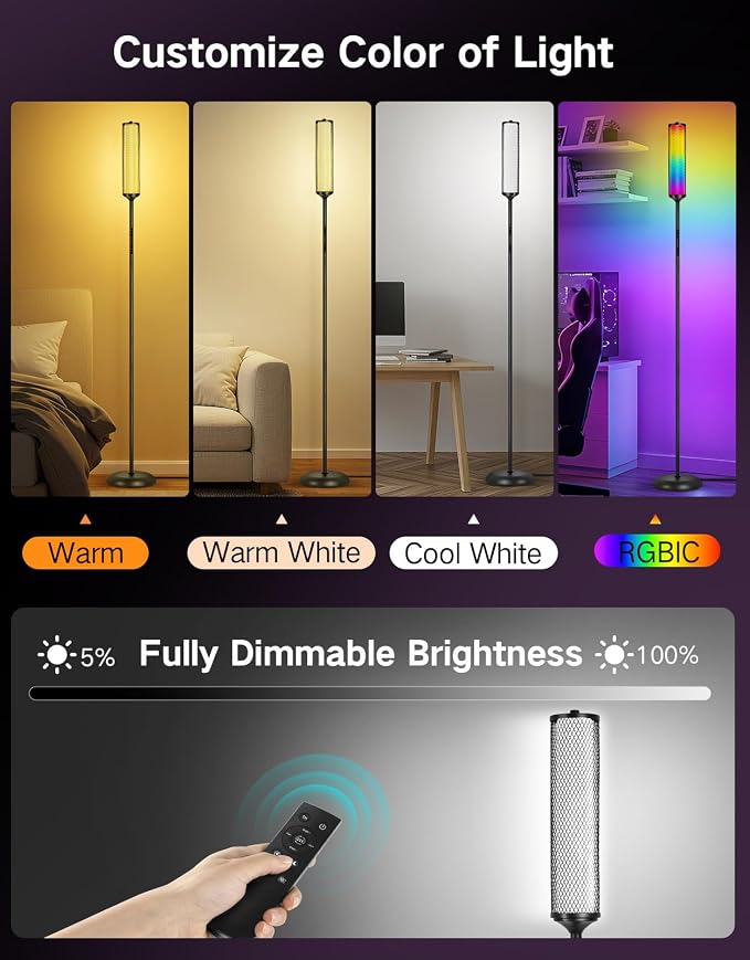 OUTON LED Floor Lamp with Remote & APP Control, Tall Standing Lamp, 16 Million Colors, 32 Scene Modes & Music Sync, Modern Corner Lamps for Living Room, Bedroom, Gaming, Black & Metal Lampshade