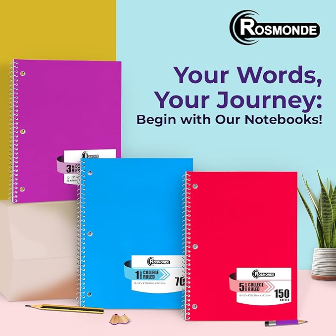 Rosmonde 24 Pack 3 Subject Spiral Notebook College Ruled Bulk, Thick Paper, Extra Pages - 300 Pages (150 Sheets), 8 x 10-1/2", Bulk Spiral Journal for School, 3 Hole Punched, Bulk Subject Notebooks