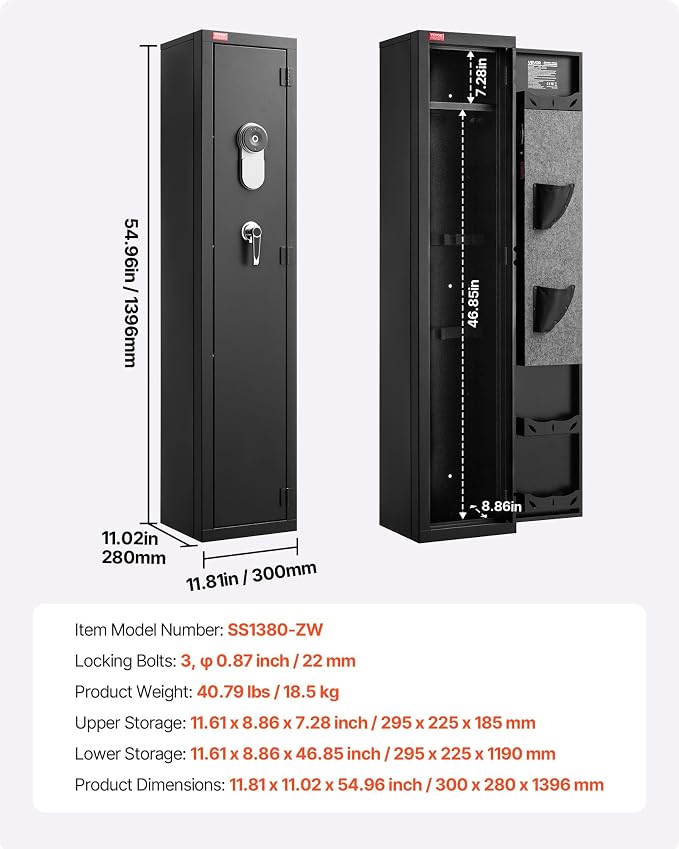 VEVOR Gun Safe, Heavy Duty Cold-Rolled Steel Rifle Cabinet with Fingerprint & Key, Large Long Gun Cabinet with Magazine and LED, Adjustable Racks for Rifles, Pistols, Shotgun(Assembly Required)