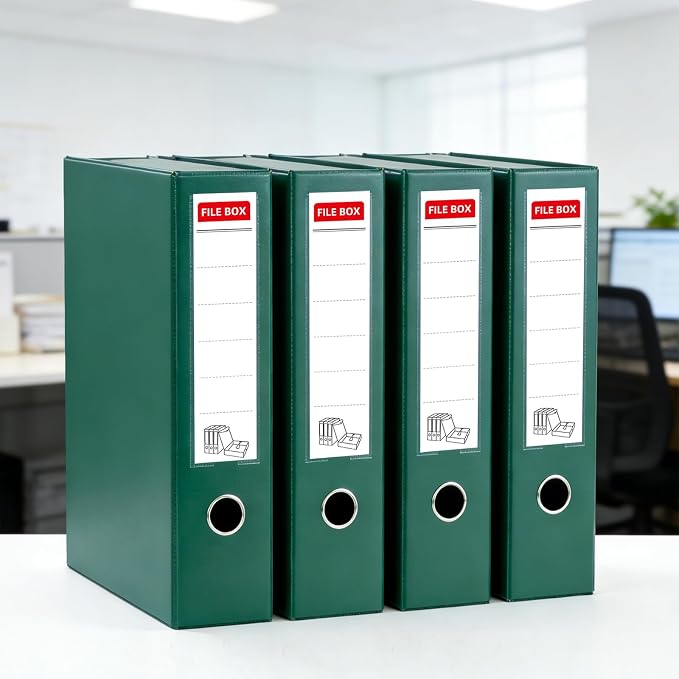 Storage File Boxes 4 Pack, Foldable File Box with Clip, 88mm Spine, Green | Archives Cases with Magnetic Closure, Plastic Document File Organizer Storage