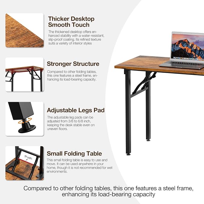 TEMI Long Computer Desk Folding Table - 55.1 Foldable Office Desk, No Assembly, Perfect Writing Table for Bedroom, Dorm, or Apartment, Portable Large Desk or Study Table with Compact Design, Brown