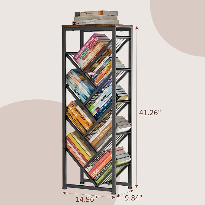 Cutogxon Tree Bookshelf - 9 Tier Visual Metal Floor Standing Book Shelf with Wooden Top, Small Bookshelf for Small Spaces Bookshelves Book Storage Organizer Shelves for Living Room Bedroom Black