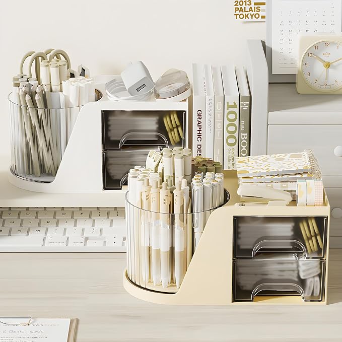 360 Degree Rotating Pencil Pen Holder for Desk , Cute Desk Pen Organizers Desktop Storage Stationery Supplies Cup Pot for Office School Home Art Supply Accessories Caddy Makeup Brush Holder White