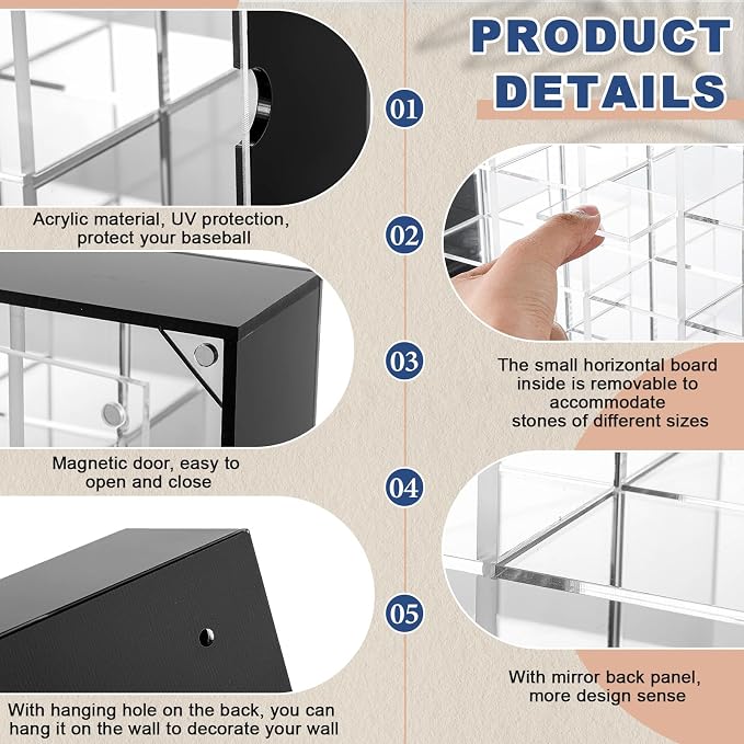 Cinnvoice Rock Display Case 56 Grids,Black Border,Square | Adjustable Acrylic Display Case, Crystal Organizer for Collectible, with Built-in Mirrored, Magnetic Door, Wall Mount
