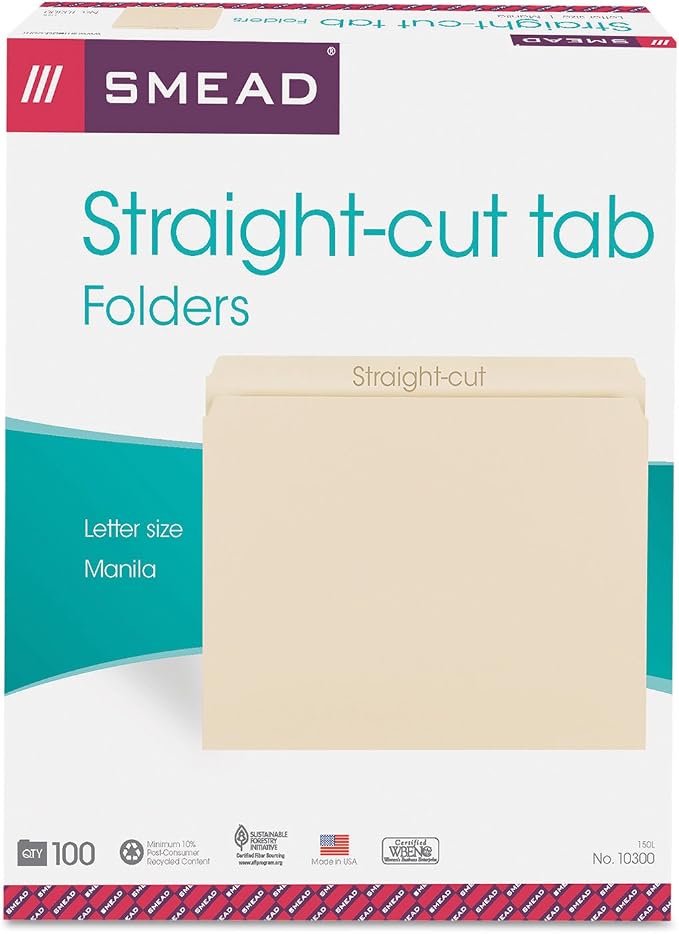 Smead File Folder, Straight-Cut Tab, Letter Size, Manila, 100 per Box (10300)