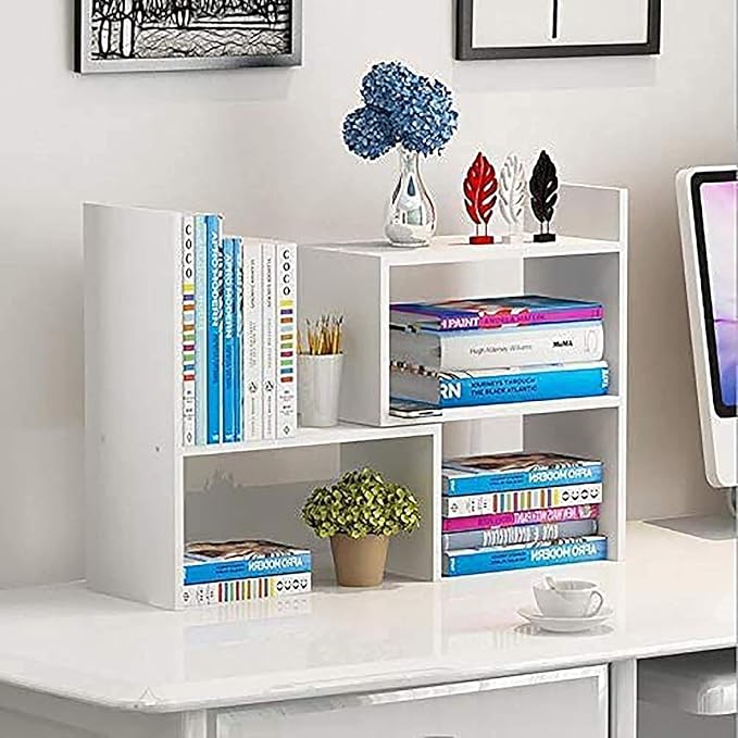 Expandable Desktop Bookshelf & Desk Organizer Shelf - Wooden Table Top Storage Organizer with Shelves, Corner Storage Rack, Small Desk Hutch for Dorm, Office, Home, Study Desk Accessories