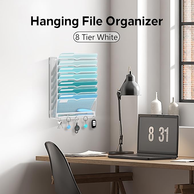 8-Tier Wall File Organizer and Mail Organizer with 5 Hooks, White | Label slots, curved openings, 5 key hooks, and a bottom tray support organized mail, file, and everyday item storage.