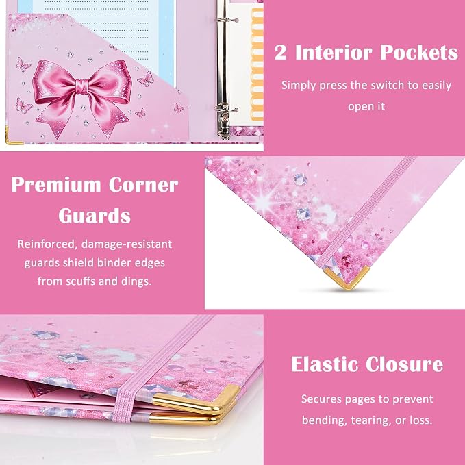 1 Inch 3 Ring Binder with Clipboard, Cute Binder Pink Bow Design, Holds 200 Sheets A4 Letter, Inside Pockets & 5 Tab Dividers, Pretty Classic Pink Binder for School Office Supplies(Pink Diamond Bow)