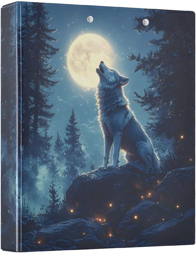 3 Ring Binder Wolf Moon Galaxy Winter Forest a 1.5 inch Binders Three Ring Binders with Clipboard Fit 8.5'' x 11'' Paper 3 Interior PVC Clear Pockets for Office Supplies