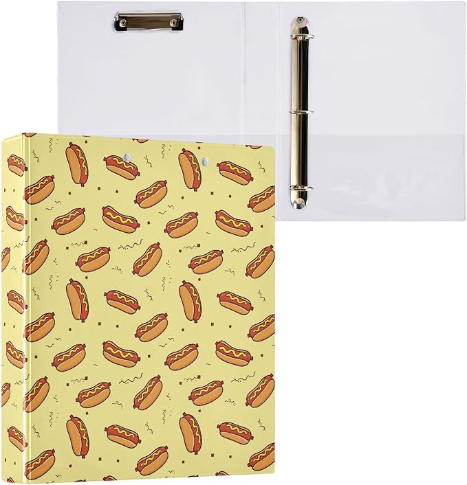 Pizza Hot Round Ring Binders 1.5 Inch Donuts Snack Cute Doodle Pattern 3 Ring Clipboard Binder for Office School Work Supplies File Folder Document 200 Sheet Capacity Easy Open
