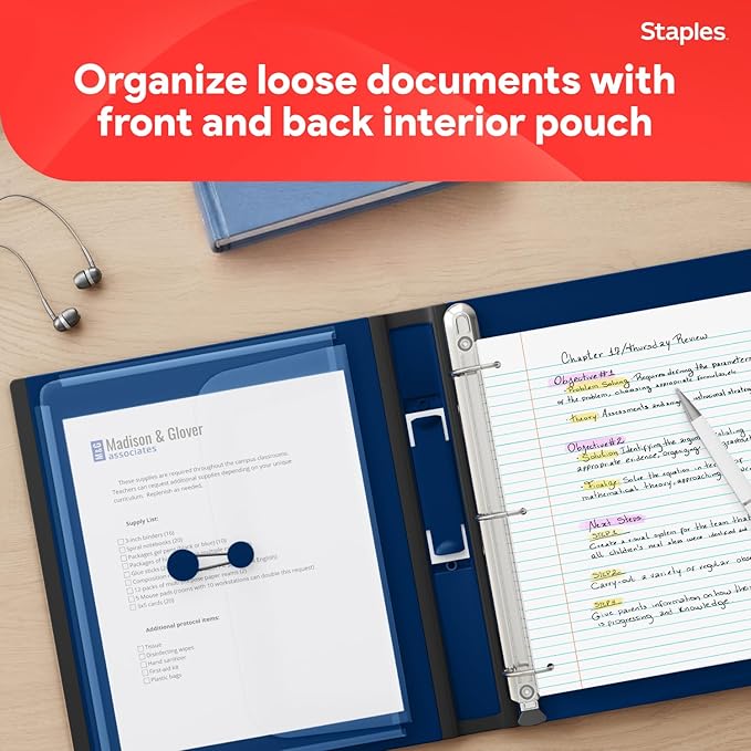 Staples Better View 1.5-Inch D-Ring Binder, Blue – Durable 3-Ring Binder with Clear Overlay for School & Office (Pack of 4)