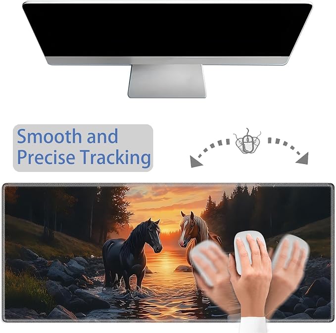 Desk Mat Large Gaming Mouse pad Set 31.5x11.8 inch [4in1Mousepad + Keyboard Wrist Rest+Mouse Wrist Rest+Coaster ] with Ergonomic Desk Pad for Home Office Table Computer - Oil Art Horse
