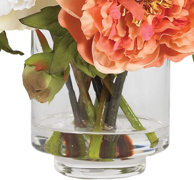 Nearly Natural 10 in Artificial Peony Arrangement in Glass Vase | Mixed Peony Faux Flower Blooms, Liquid Illusion Water in Glass Vase, Mini Table and Shelf Decor