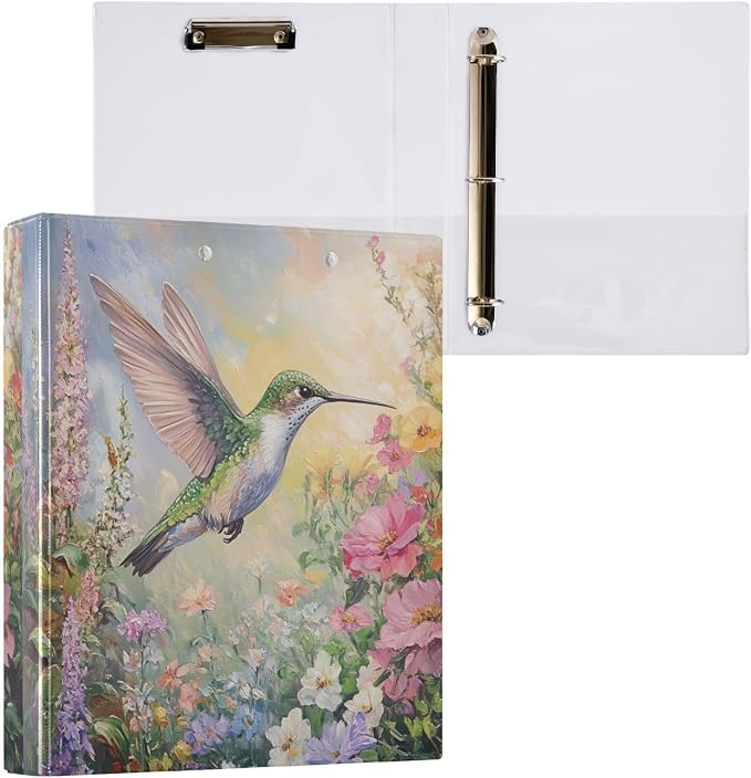 Flower Hummingbird Binder 1.5 Inch Binder with Clipboard&Pockets, Retro Vintage Humming Bird Floral Hardcover Binders 3 Ring, Heavy Duty Large File Folder for Office School Supplies