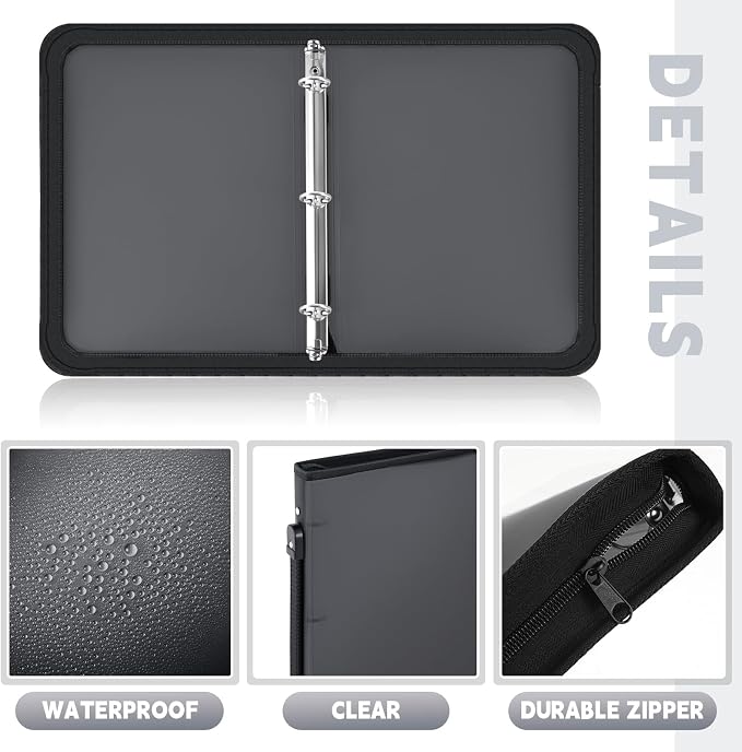 Teling 8 Pcs 1 Inch Zipper Binder 3 Ring Organizer, Black | Secure Zipper Closure, Refillable 3 Ring Design, Handle Carry, Fits Letter Size Papers for School, Office and Projects