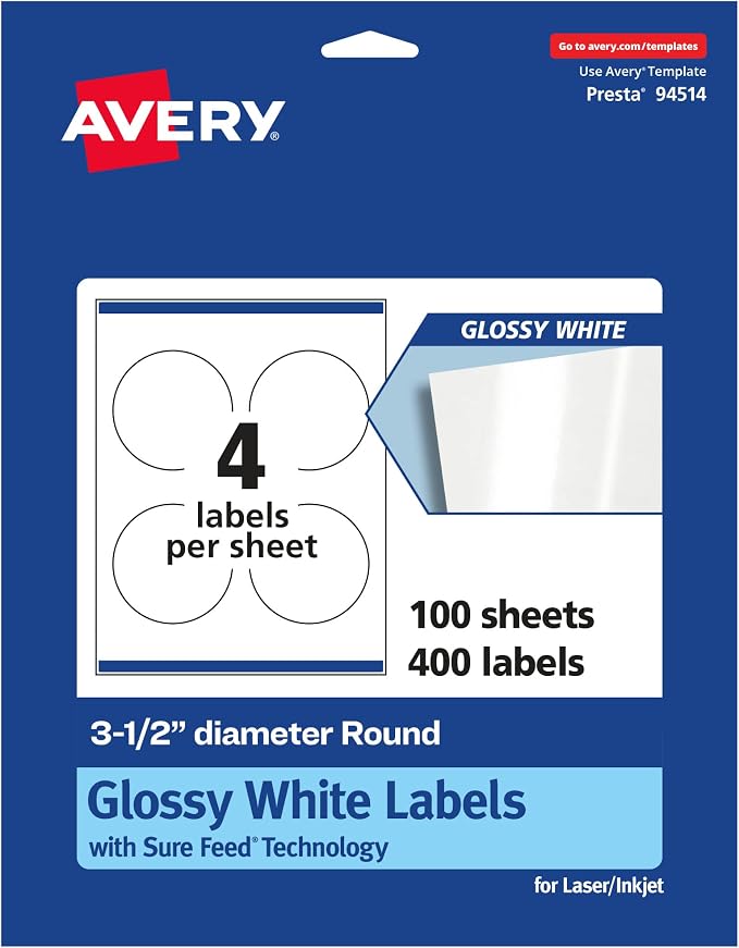 Avery Glossy White Round Labels, Sure Feed Technology, 3.5" Diameter, 400 Glossy White Labels, Print-to-The-Edge, Permanent Adhesive, Laser/Inkjet Printable