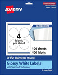 Avery Glossy White Round Labels, Sure Feed Technology, 3.5" Diameter, 400 Glossy White Labels, Print-to-The-Edge, Permanent Adhesive, Laser/Inkjet Printable